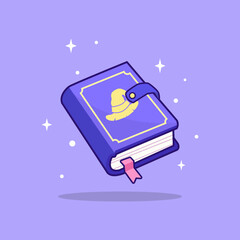Magic book with witch logo on cover, book of spells and witchcraft. Vector illustration isolated background