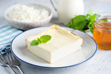 Cottage cheese, sweet ricotta casserole. Breakfast cheesecake slice