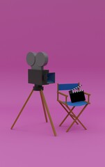 3d illustration, cinematographic equipment, chair, camera, clapperboard, pink background, 3d rendering.