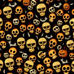 Halloween cute festive seamless pattern. Seamless background with pumpkins, skulls, bats, spiders, ghosts, bones, candies, spider web and. Great for wrapping paper or to incorporate in your design.