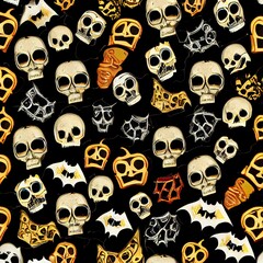 Halloween cute festive seamless pattern. Seamless background with pumpkins, skulls, bats, spiders, ghosts, bones, candies, spider web and. Great for wrapping paper or to incorporate in your design.