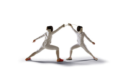 Fototapeta na wymiar Two female fencing athletes fight isolated on white