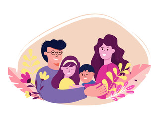 Happy family. Father, mother, son and daughter. Parents are keeping on the hands of their children. Vector illustration in a flat style