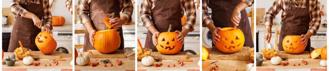 Collage of man in apron standing in kitchen and carving large orange Halloween pumpkin