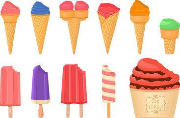big kit ice cream popsicle different types in cone waffle cup