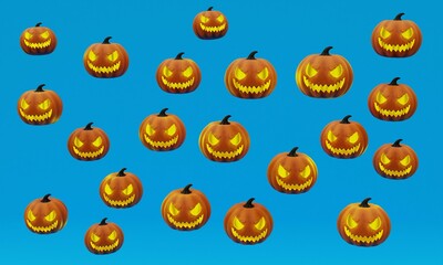 3D illustration, pattern of yellow halloween pumpkins, blue background, 3D rendering.