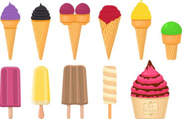 big kit ice cream popsicle different types in cone waffle cup