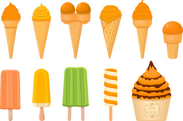 big kit ice cream popsicle different types in cone waffle cup