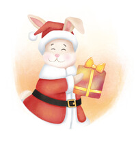 Christmas rabbit - Santa Claus with gift box. Isolated illustration
