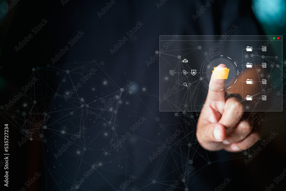 Aufkleber man touching display large online data on cloud to analyze business. cloud technology, big data, dat