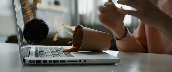 CU Caucasian female working from home, spills coffee on keyboard of her laptop - obrazy, fototapety, plakaty