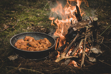 chicken in a pan, fried on a fire in the forest