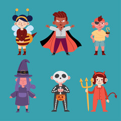 six kids with halloween costumes