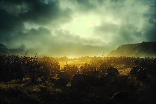 Vikings fighting in a medieval battle during the middle ages. Viking warriors on the battlefield in a nordic raid against the Saxons. Digital artwork of a viking war and pagans fighting.