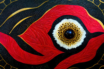 Abstract acrylic pour eyes and geometric red, white, gold and black.