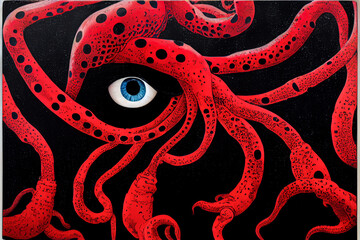 Abstract art, tentacles, eyes and suckers, colossal squid octopus hybrids rendered in bold acrylic colours of red, black, blue and white. - obrazy, fototapety, plakaty