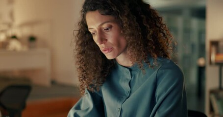 Focus, business woman and laptop in office at night typing, work and busy on financial accounting report of company. Finance, concentration and professional Brazil girl planning for pc tech startup