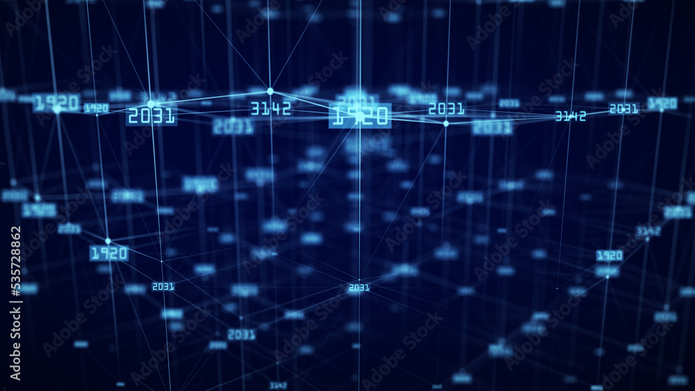 Poster The concept of data connection in the blockchain network. Digital cyberspace data flow background. Network connections structure. Big data visualization. 3D rendering.