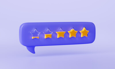 3d render customer feedback stars in speech bubble. Rating, client review, comment or rate concept with growing evaluation level in message balloon, isolated Illustration in cartoon plastic style