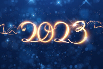 2023 golden lights vector background with blue bokehs