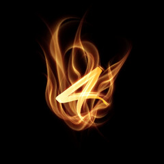 Fototapeta premium Burning fire number 4. Digit four with fire effect on black background. Vector eps10
