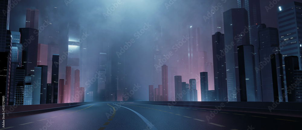 Wall mural 3d rendering of trail lights from highway and light reflection from buildings in mega city at night.