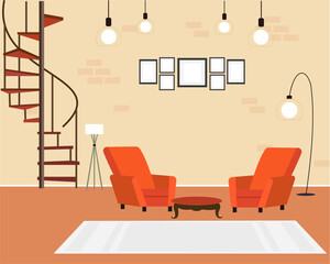 Living room interior with Cozy elegant comfortable sofa set lamp, wooden table and wall picture. flat vector illustration.