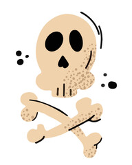 Cartoon human skull and crossbones isolated on white background. Funny ute decorative illustration or design pirate element for Halloween and Day of The Dead. Jolly Roger vector skeleton symbol.