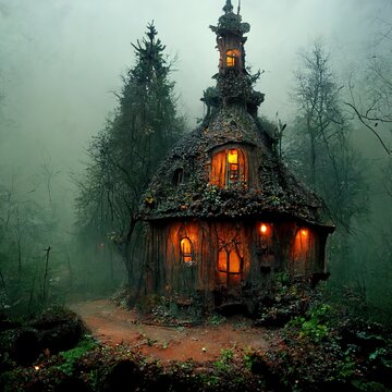 Hyperreal Fairy Cottage In A Spooky Forest Clearing, Foggy, Dark Lighting