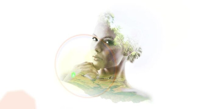 Double exposure art, woman nature overlay and white background with creative artistic portrait of landscape. Photoshop, graphic design tools create abstract and beautiful natural environment artwork