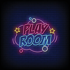 Neon Sign play room with Brick Wall Background vector