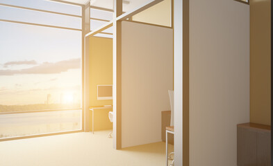 Modern office building interior. 3D rendering.. Sunset.