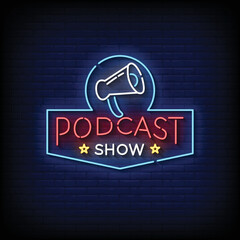 Neon Sign podcast show with Brick Wall Background vector