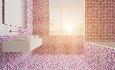 Scandinavian bathroom, classic  vintage interior design. 3D rendering.. Sunset.