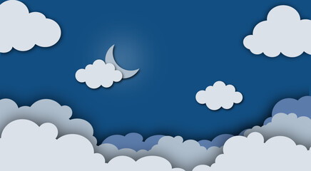 white and transparent clouds in the blue sky with the moon, vector moon with clouds background .paper Cloudy paper cut art style cut, vector illustration. Horizontal background.