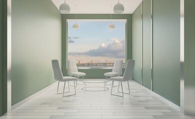 Open space office interior with like conference room. Mockup. 3D rendering.
