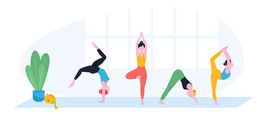 Office people practicing yoga and meditation. Managers exercising and meditating in lotus pose during work break. Can be used for mindfulness, business and relaxing