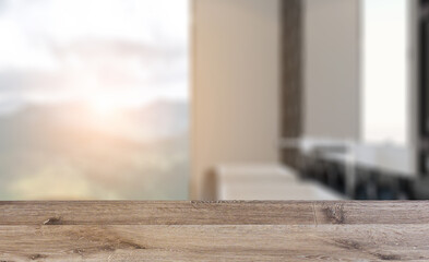 Scandinavian bathroom, classic  vintage interior design. 3D rend. Background with empty wooden table. Flooring.