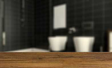 Bathroom interior bathtub. 3D rendering.. Mockup.   Empty painti. Background with empty wooden table. Flooring.
