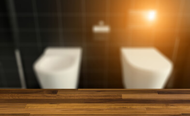 Naklejka na ściany i meble Bathroom interior bathtub. 3D rendering.. Sunset.. Background with empty wooden table. Flooring.