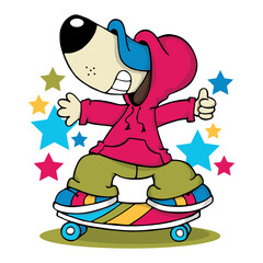 Funny dog with his skateboard with stars in the background, illustration