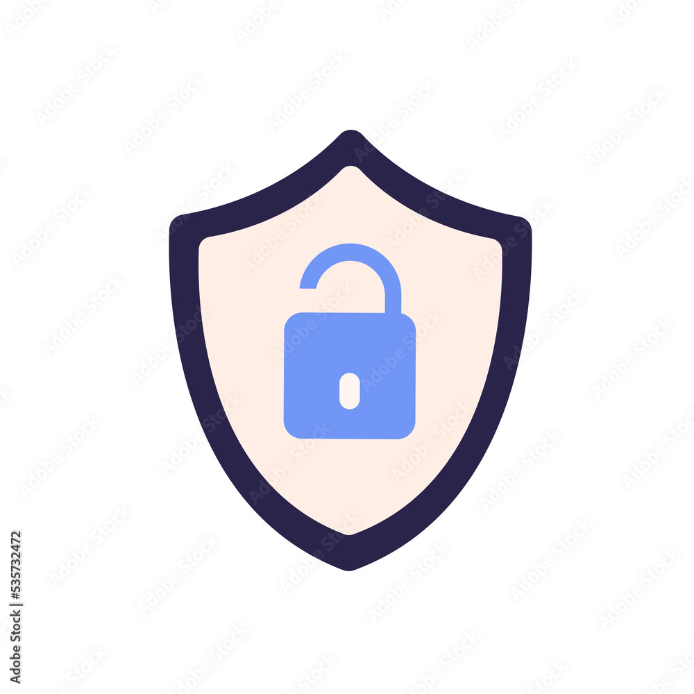 Aufkleber Open unlocked padlock in shield icon. Cyber attack symbol, insecure unsafe bad hacked password, access to secret and privacy concept. Flat vector illustration isolated on white background