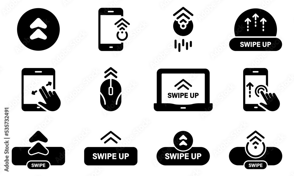 Poster slide action social media app silhouette icon set. scroll drag move click touch display gesture sign