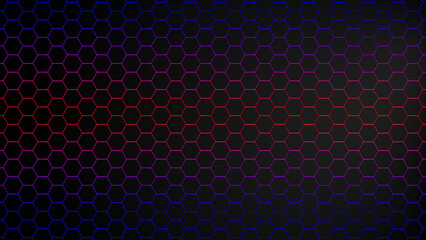 3d hexagon neon background. Technology abstract geometry dark backdrop with honeycomb and neon texture. Science, technology, network concept