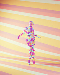 Woman Strong 1980s Abstract Fashion Model Dancing Arms Out Pose Pink Blue Purple Pixel Art Cube Block Voxels Striped Background 3d illustration render