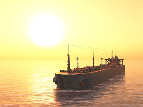 Frachtschiff bei Sonnenuntergang