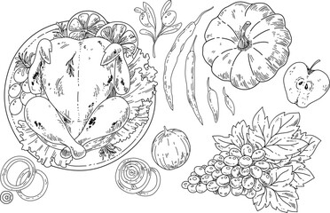 Black and white hand drawn of fried chicken food, fruit, and etc. Illustration vector food, chicken,and fruit © Eaver Studio