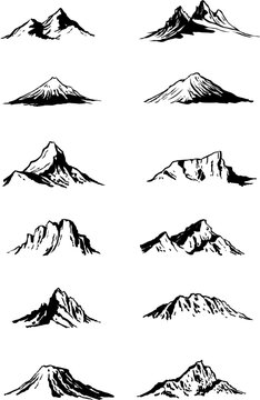 Black and white Hand drawn set of silhouettes of mountains. Illustration Vector of Mountain