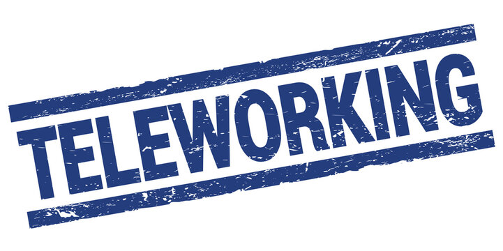 TELEWORKING text on blue rectangle stamp sign.