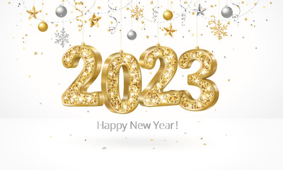 3d golden glitter numbers 2023 hanging on strings. Happy new year banner. Background with gold and silver confetti. Christmas decoration frame, vector. For holiday headers, party posters.